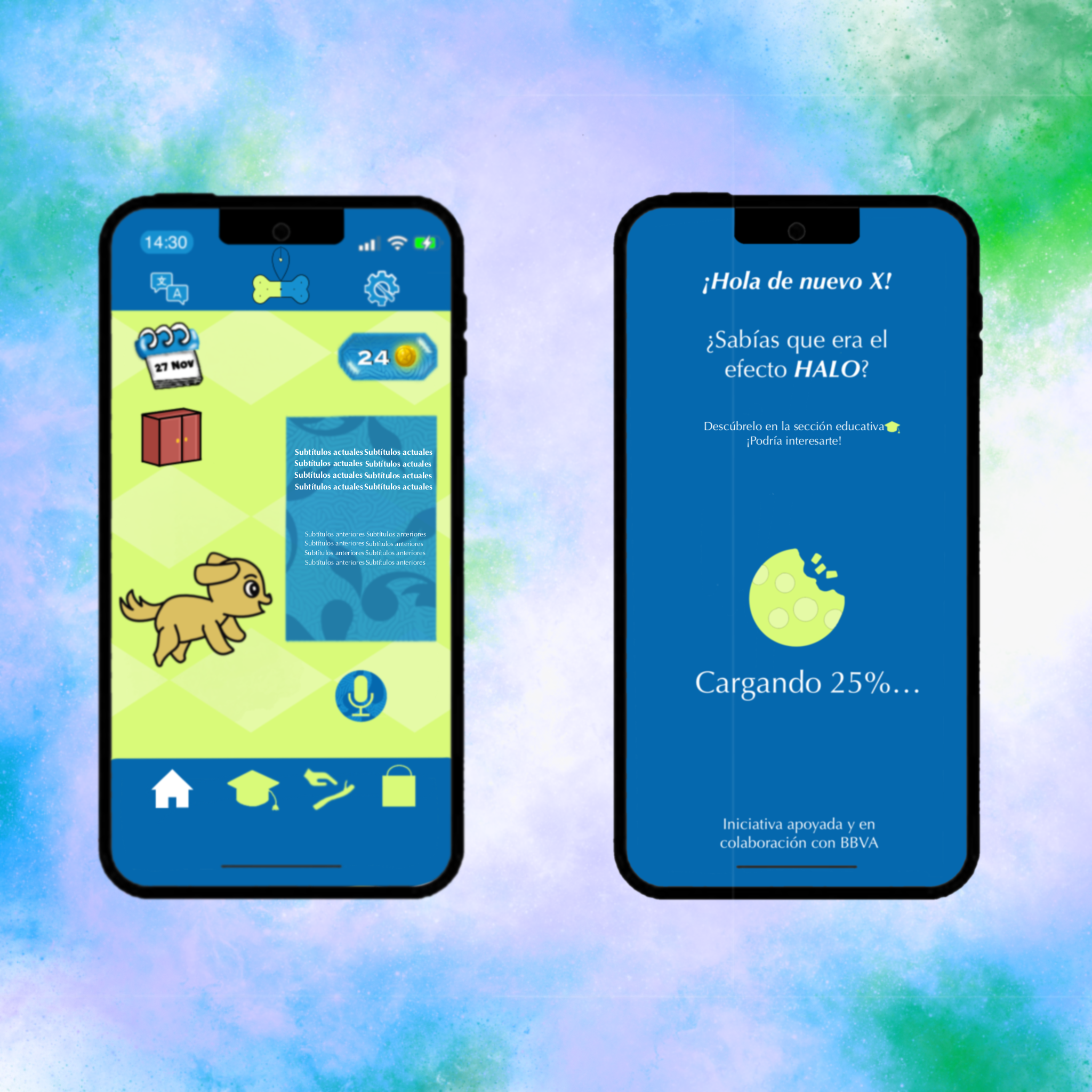 2 ilustrations of the main screen and the load screen above a multigradient background